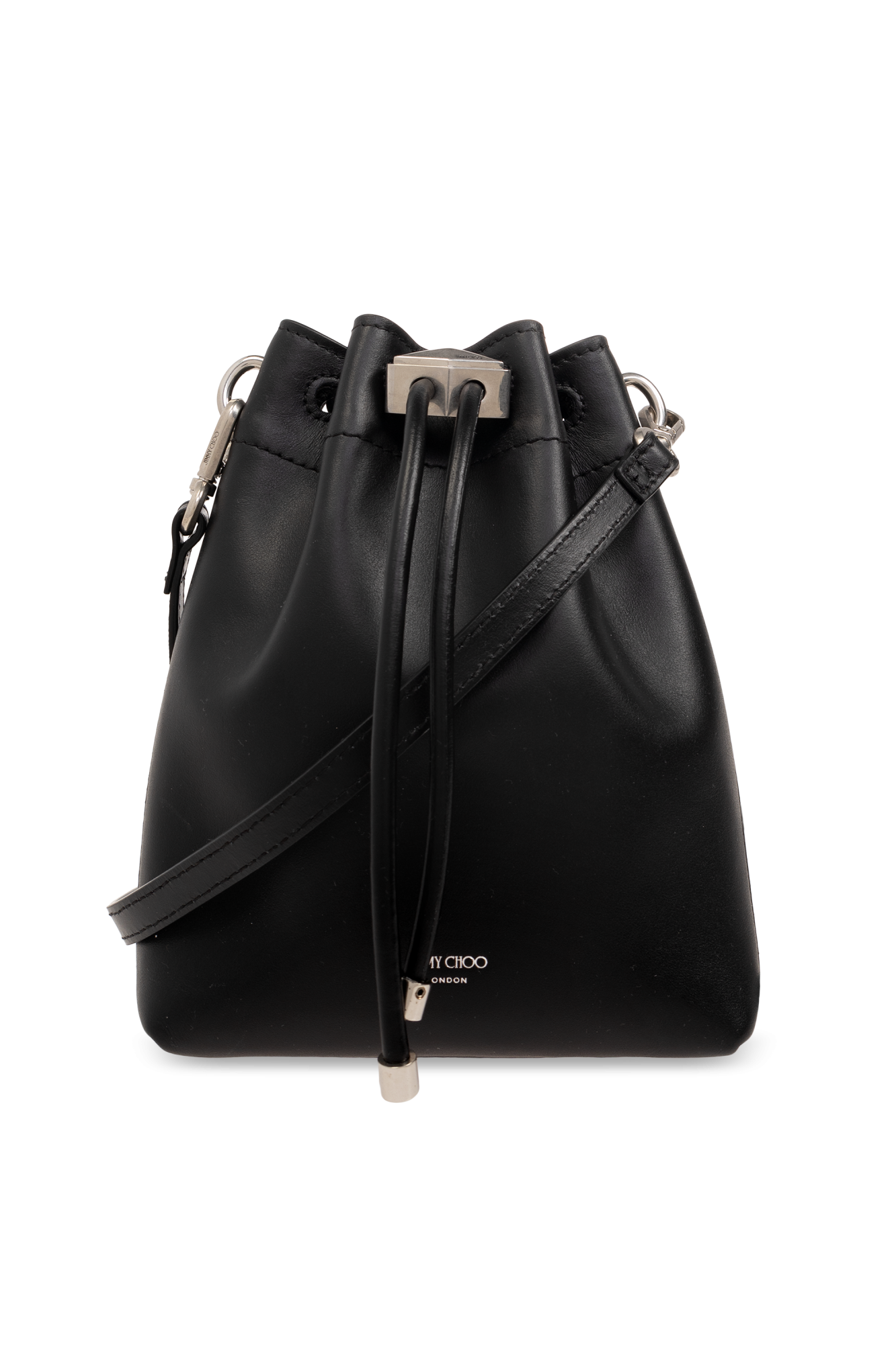 Jimmy Choo★BON BON BCKT NS MN HUT BLACK ANTIQUE SIL Bon Bon | Black Satin Bucket Bag with Metal Flowers | JIMMY CHOO